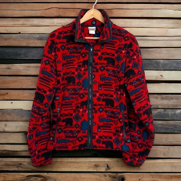 Vintage LL Bean Moose Bear Fish Fleece Full Zip Jacket Size Medium Made In USA - Picture 1 of 8